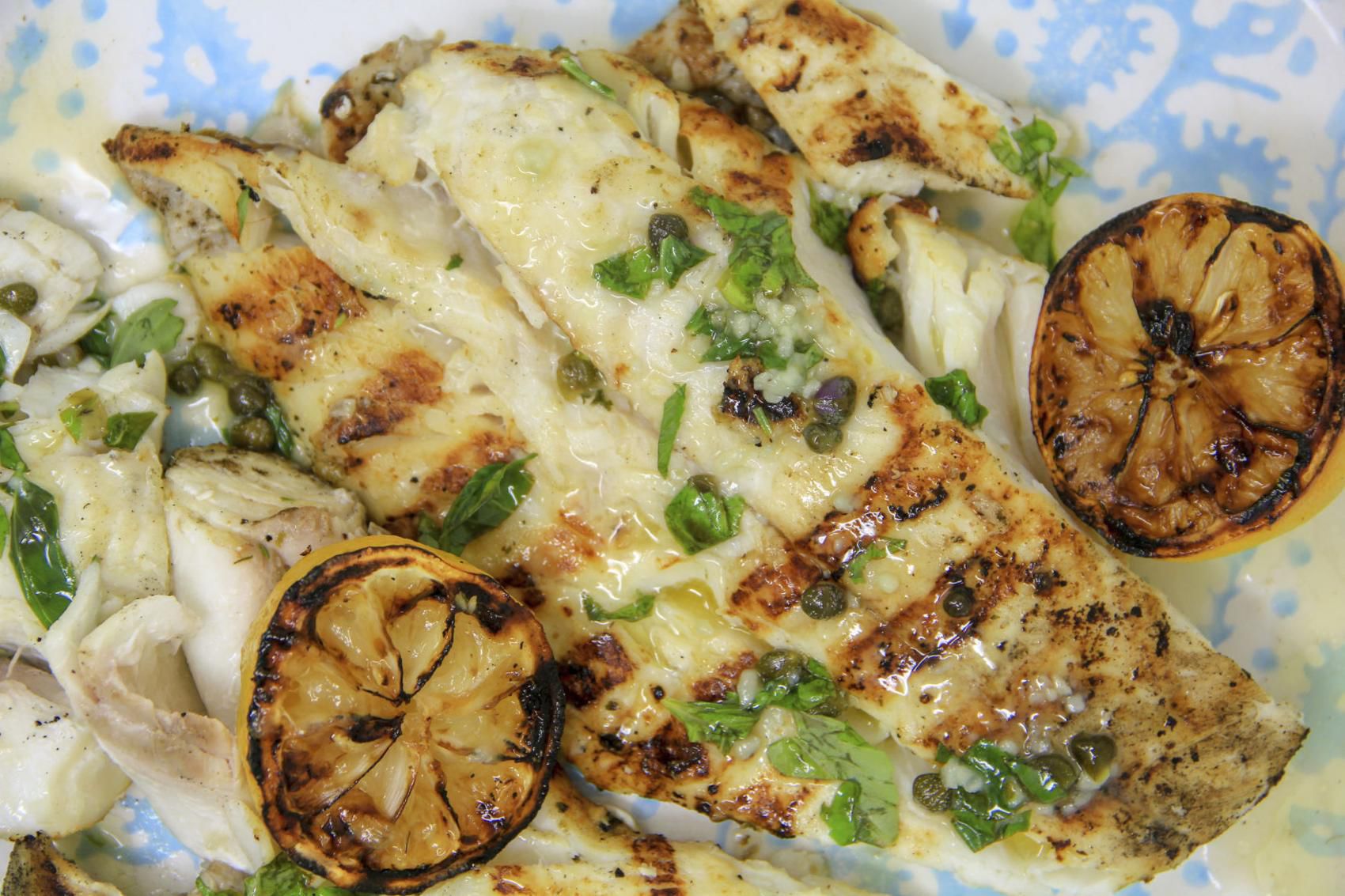 Grilled Halibut with Butter Caper Herb Sauce